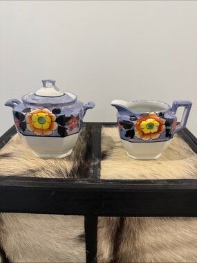Vintage Lavender Floral Ceramic Sugar and Creamer Set
